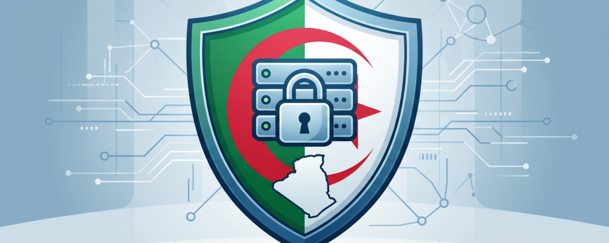 Illustration hébergement souverain des données en Algérie : serveur sécurisé avec drapeau algérien et bouclier de protection des données