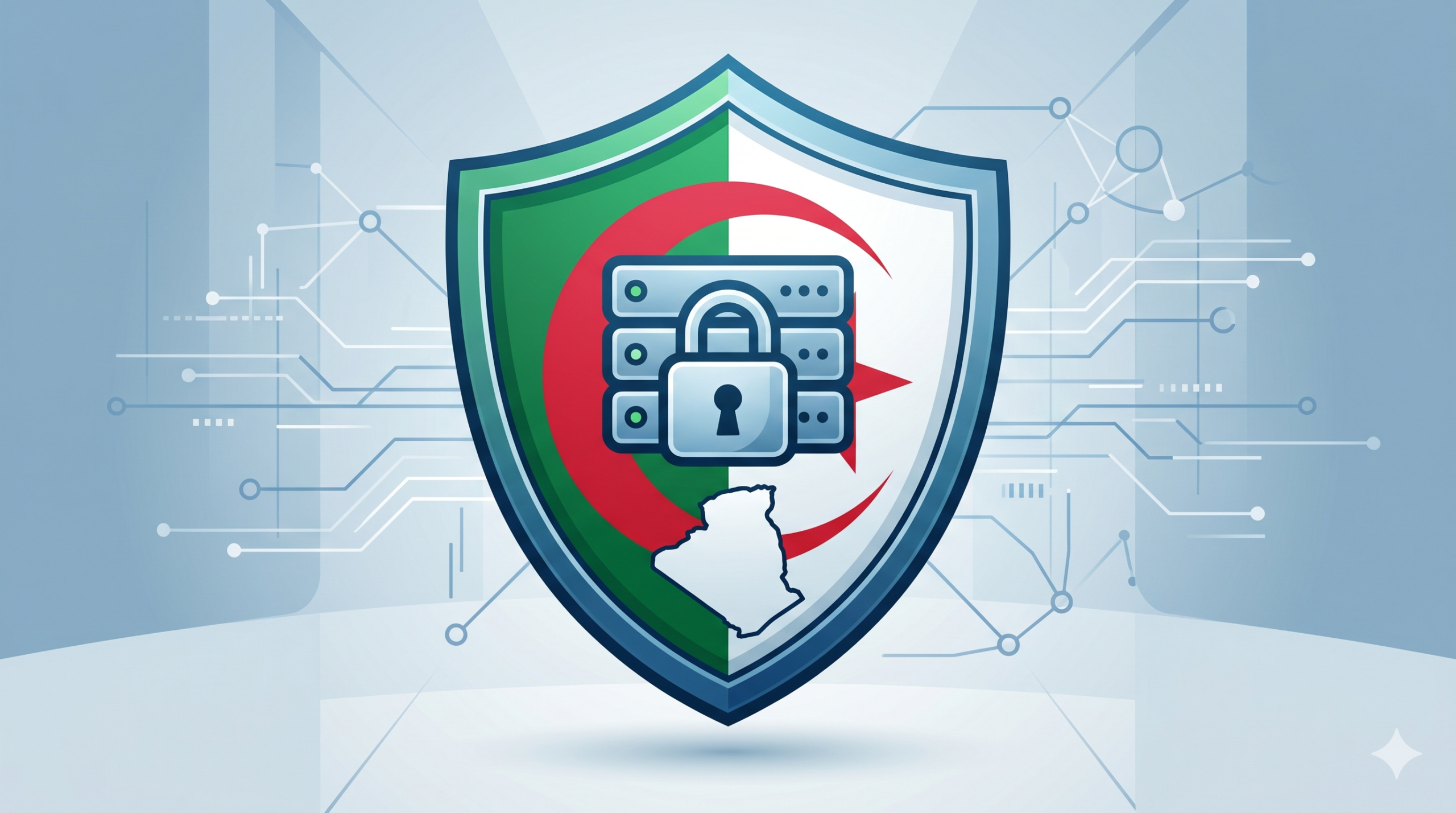 Illustration hébergement souverain des données en Algérie : serveur sécurisé avec drapeau algérien et bouclier de protection des données