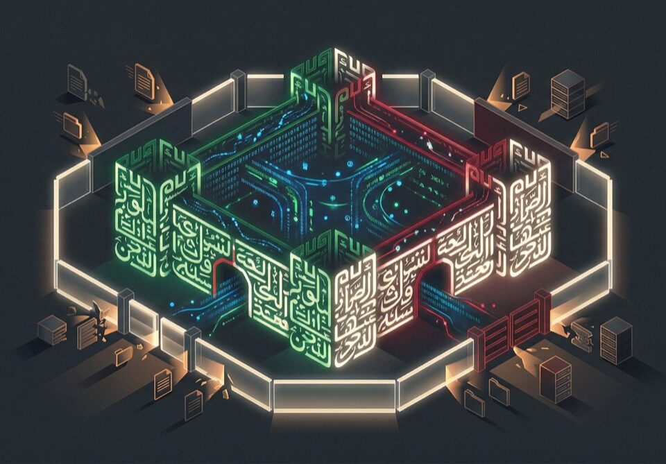 Forteresse numérique sécurisée aux couleurs de l'Algérie protégeant des données : symbole du RAG souverain Qantra